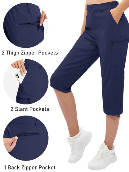 Women'S Summer Hiking Capri Pants - Lightweight, Quick Dry, Stretchy, Zipper Pockets, Adjustable Waist & Cuffs For Outdoor Travel, Hiking, Camping, Fishing, Casual Wear Long Shorts