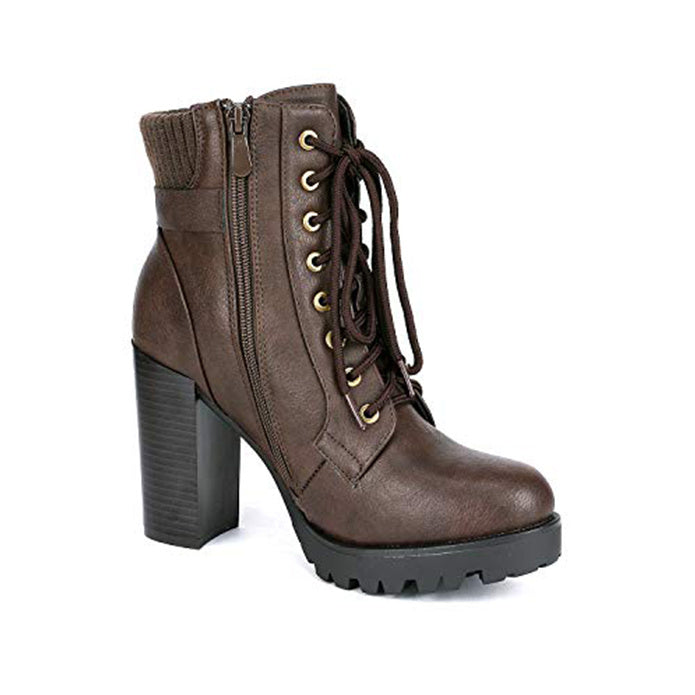 Women Short Boots Fall Winter Boots Women's Lace up Combat Ankle Boots High Chunky Heel Fashion Heeled Booties Shoes Black Boots