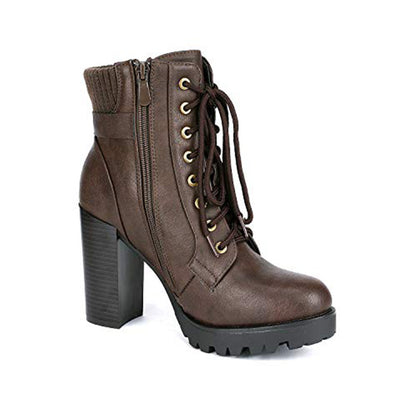 Women Short Boots Fall Winter Boots Women's Lace up Combat Ankle Boots High Chunky Heel Fashion Heeled Booties Shoes Black Boots
