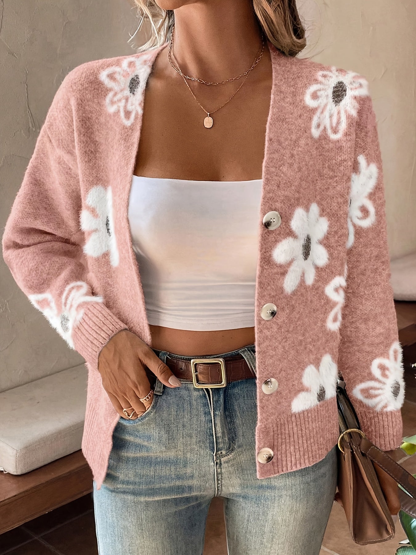 Women's Printed Button Cardigan V-neck Drooping Shoulder Coat