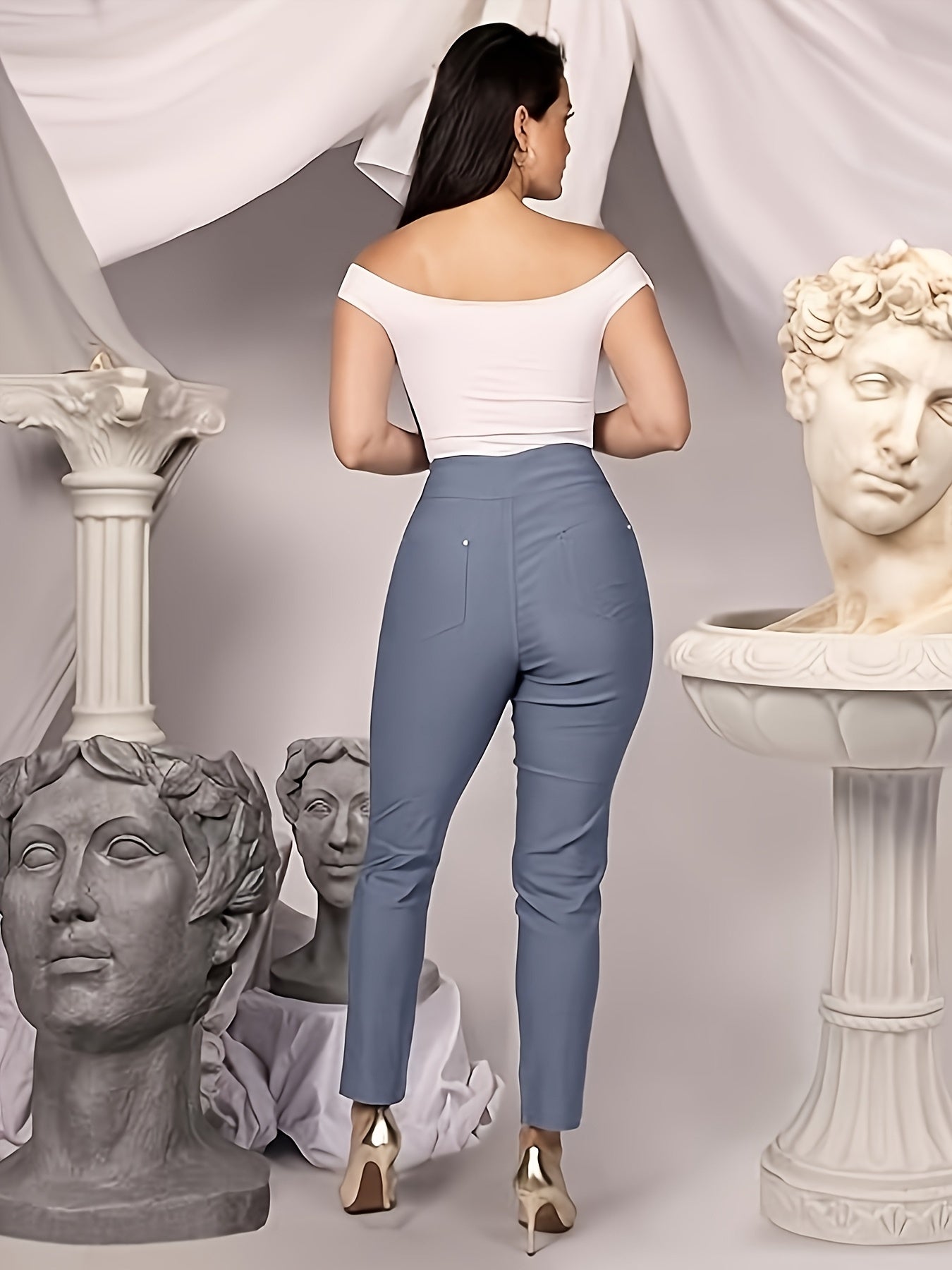 Slim Fit High-Waisted Pants for Women Featuring Five Pockets, Designed for Easy Pull-On Wear, Suitable for Work Or Casual Office Settings