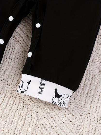 2pcs Of Baby Boy Autumn Style Cow Head Print Long Sleeved Shirt+overalls with Letter Print Set, Perfect for Outdoor