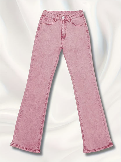 2026 NEW [Long Length Skinny Flare Jeans] Women'S Casual Skinny Flare Jeans, Long Length, Low Waist, Button Fly, Medium Stretch, All Seasons, Solid Color