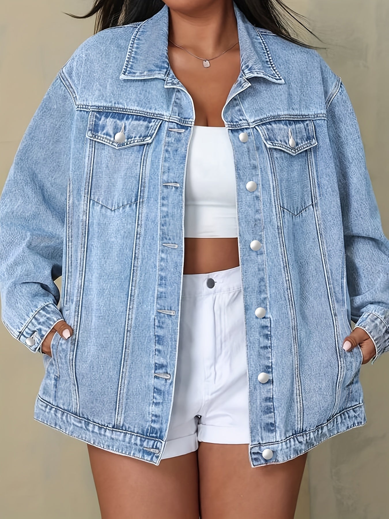 Plus Size Solid Color Collared Button-Front Denim Jacket - Women's Mature Stylish Street Casual Style Loose Fit Daily Comfortable Autumn Winter Plus Size Denim Top