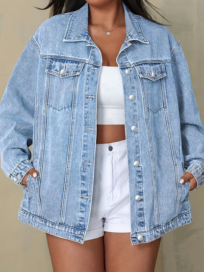 Plus Size Solid Color Collared Button-Front Denim Jacket - Women's Mature Stylish Street Casual Style Loose Fit Daily Comfortable Autumn Winter Plus Size Denim Top