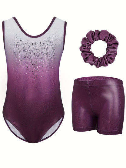 Set of 3 Girls' Leotards Featuring Shorts And a Hairband, Designed with a Gradient Contrast, Diamond Decorations, And Sleeveless Style, Perfect for Ballet Dance Performances