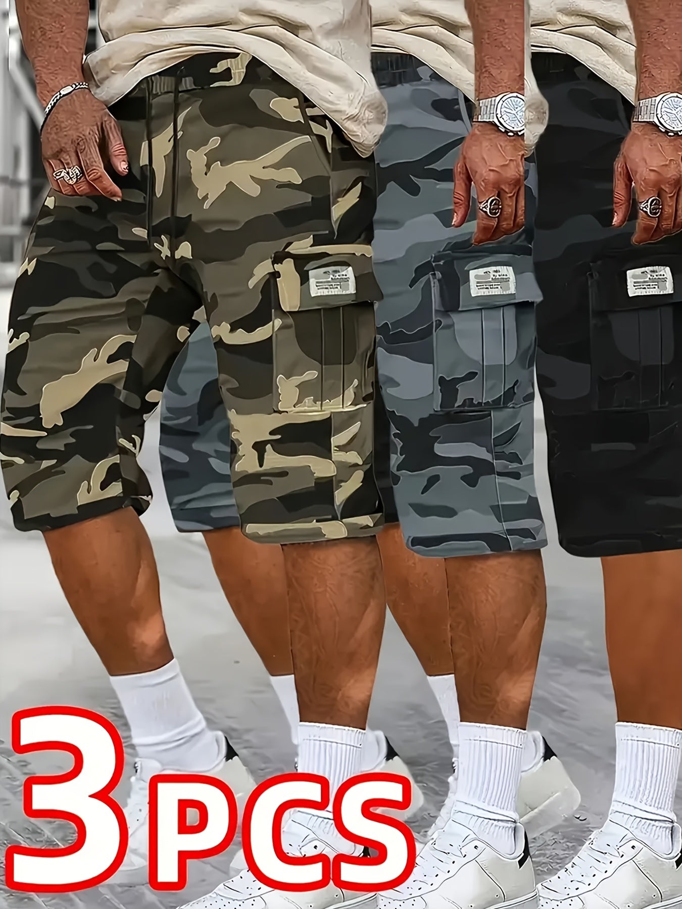 [Father'S Day Gift Choice] 3pcs Camo Cargo Shorts for Men, Knee-Length Shorts with Flap Pockets And for Hiking, Hunting, Fishing, Work Shorts for All Outdoors Activities