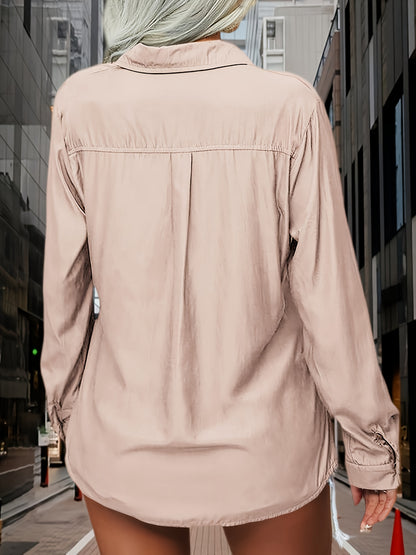 Womens Solid Lapel Long Sleeves Button Casual Basic Office Shirt Top Blouse