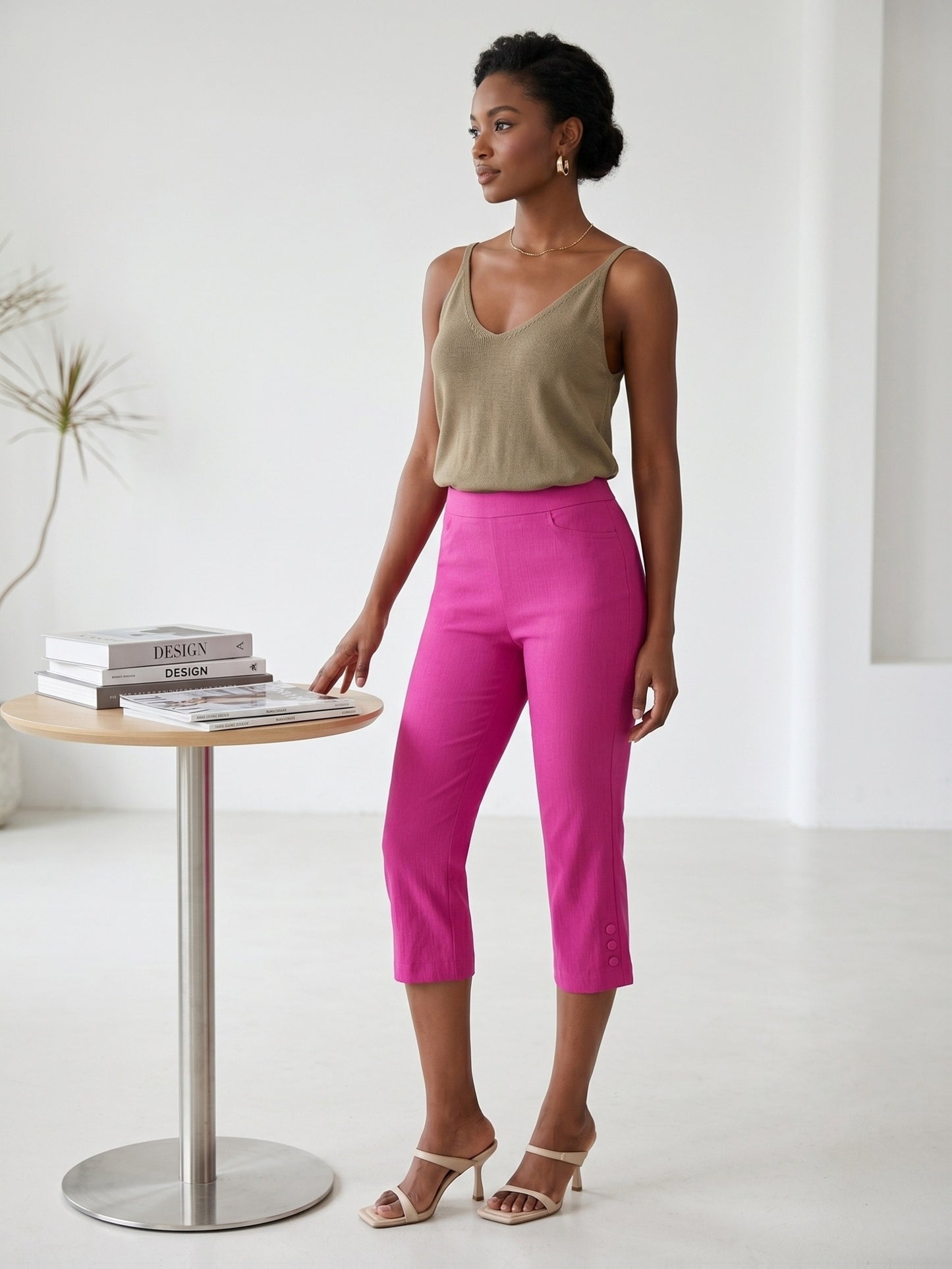 Women'S High-waisted Slim-fitting Capri Pants, Suitable For, Work And Daily Wear, With Pockets