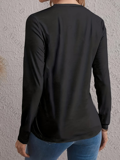 Cross-Border European and American Women'S Fashion Round Neck Pocket Long Sleeve Casual Loose Top Base T-Shirt