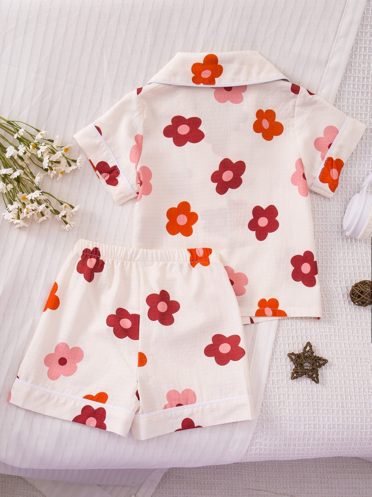 Random 1 Set Delivery! Girls' Collared Short-Sleeve And Shorts Pajama Set, Bows, Red Flowers, Pink Bows, Floral Prints. Elastic-Waist Loungewear, Bubble-Wrinkle Flame-Retardant Fabric, Comfortable And Skin-Friendly