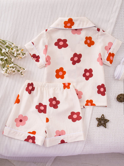 Random 1 Set Delivery! Girls' Collared Short-Sleeve And Shorts Pajama Set, Bows, Red Flowers, Pink Bows, Floral Prints. Elastic-Waist Loungewear, Bubble-Wrinkle Flame-Retardant Fabric, Comfortable And Skin-Friendly
