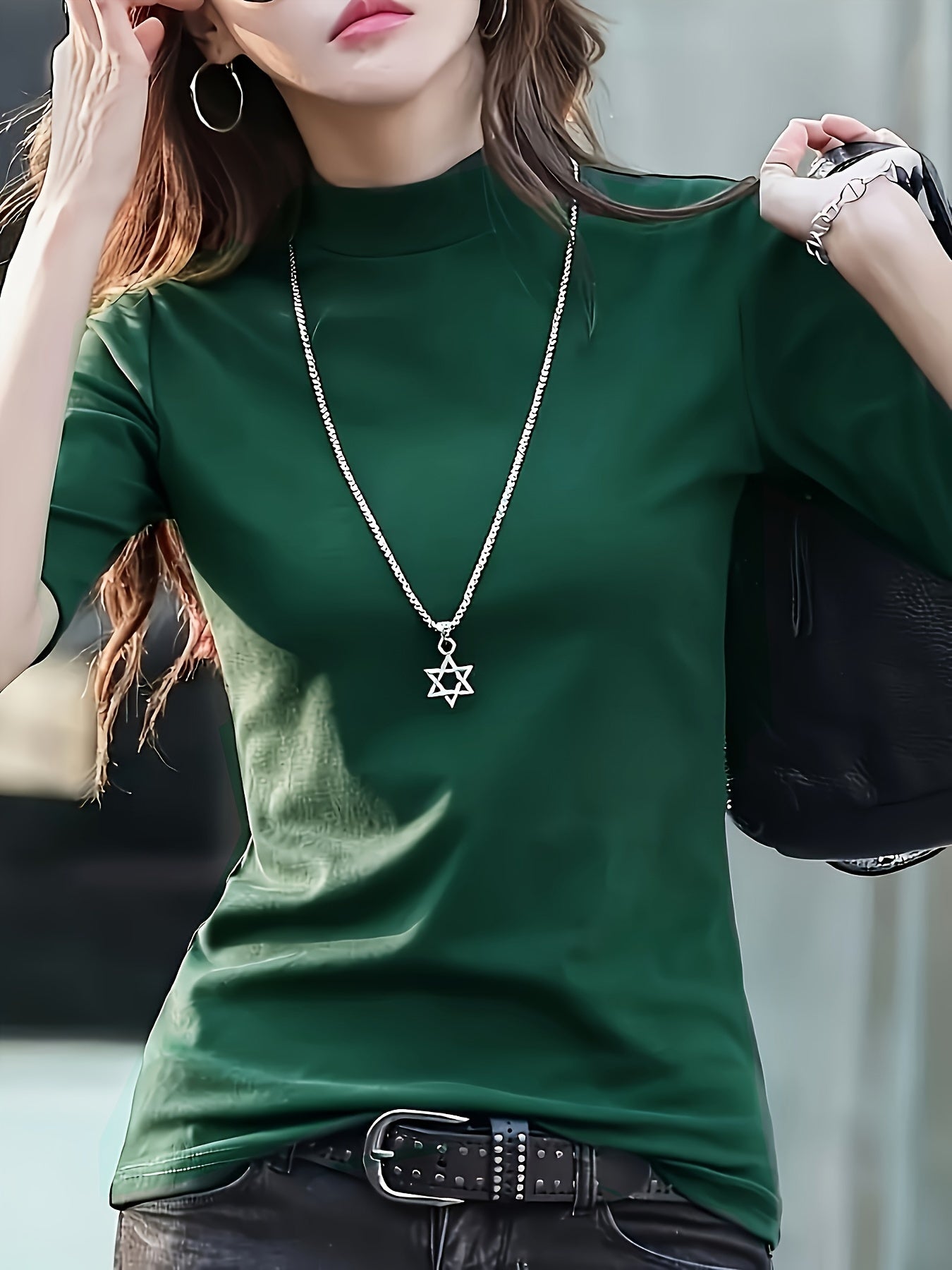 Women'S Casual T-Shirt - High Elasticity Solid Green Crew Neck Top, Machine Washable & Dry Cleanable, Regular Fit All-Season Versatile Shirt for Casual Attire, Ladies T Shirts, Elegant Style, Highelasticity Fabric