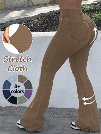 GILIPUR MH1025 Light Blue Retro High-Waist Stretch Straight Leg Women's Pants, Street Style Solid Color Long Pants with Pockets, All-Season Comfortable Stretch Fabric, Machine Washable