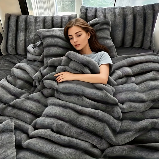 Faux Rabbit Fur Throw Blanket - Striped Double-Sided Flannel Back – main product image