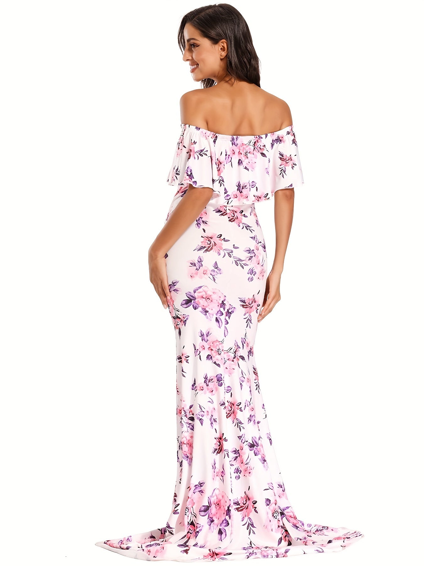 Womens Off Shoulder Maternity Dress Ruffles Elegant Slim Gowns Fit Maxi Photography Dress