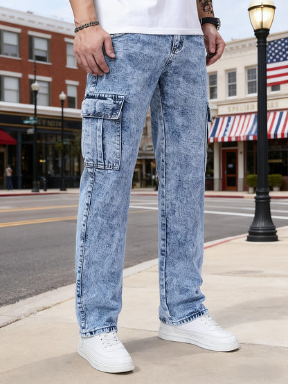 Men's Workwear Jeans: Multi-pocket Design, Loose Straight-leg Fit. Casual Street Style, Comfortable and Versatile, Suitable Casual Outfits, Fashionable Long Pants Straight-leg Jeans Durable Fabric, Suitable All Seasons