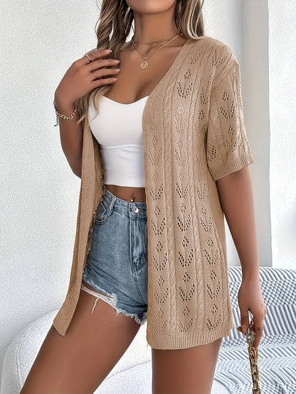 Plus Size - Summer New Arrival Women'S Openwork Short Sleeve Cardigan Loose Mid-Length Cover-Up Lightweight Breathable Outerwear Top