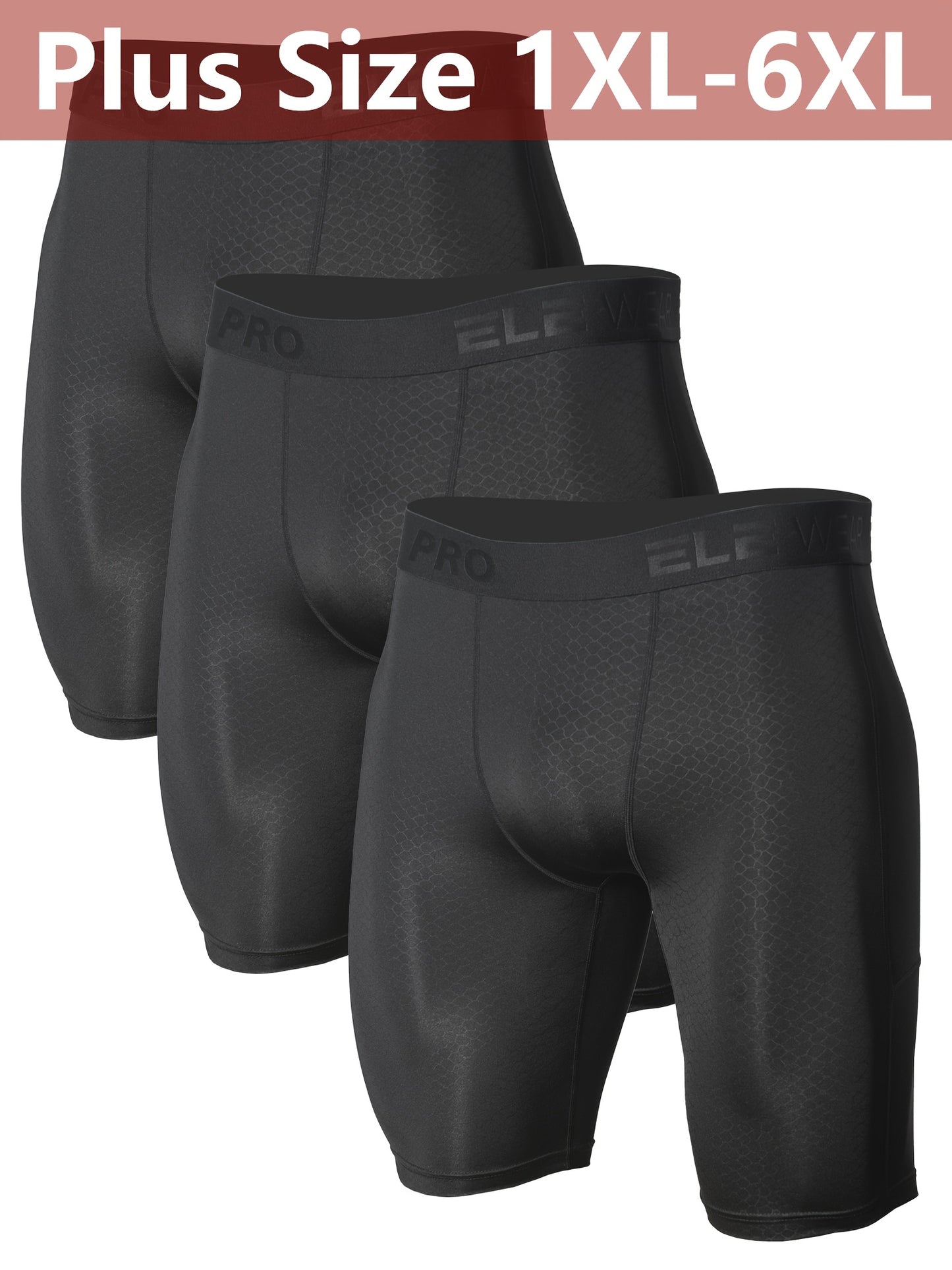 3pcs Men's Plus Size Workout Underwear & Running Gym Shorts with Side Pockets, Moisture-Wicking Quick-Dry Polyester, Snake-Light Beige Embossed Design, 1XL-6XL Sizes for Athletic Protection & Comfort, Athletic Compression | Sporty Look, PLUS SIZE