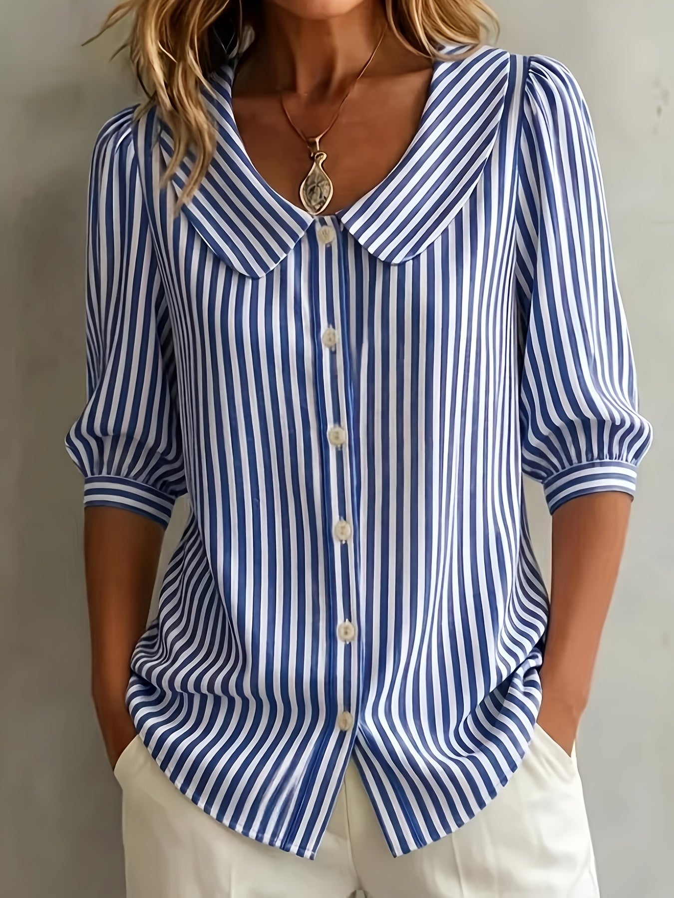 New Mid-Sleeve Striped V-Neck Shirt Top T-Shirt for Women