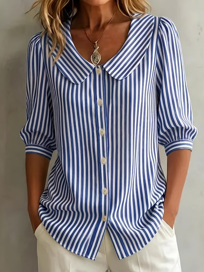 New Mid-Sleeve Striped V-Neck Shirt Top T-Shirt for Women