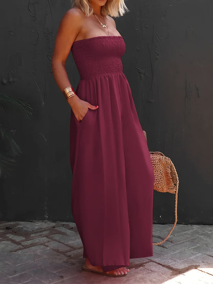 Womens Sleeveless Strapless Wide Leg Jumpsuits Summer Casual Loose Smocked Chiffon Jumpsuit Rompers with Pockets