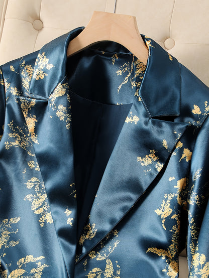 Elegant Fashion Casual Golden Floral Print Stain Overcoat, Baroque Style, Single Button Double Pocket Long Sleeves Long Blazer, Smooth And Delicate Feel, Suitable for Formal And Casual Occasions