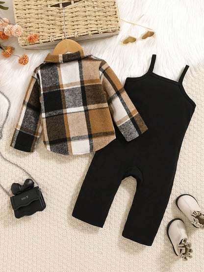 2pcs for Baby Girls Clothes And Toddlers In Autumn And Winter, Including A Green Two-tone Plaid Long-sleeve Coat And A Black Camisole Jumpsuit, Perfect for Outdoor