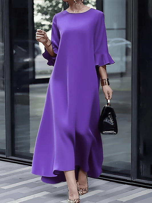 Plus Size, Women's Vintage Red A-Line Maxi Dress with Ruffled Shorter Three-quarters Sleeves - Loose Fit Round Neck Summer Dress Suitable for Weddings, Church, Parties, Casual Outfits - Machine Washable Solid Color Dress