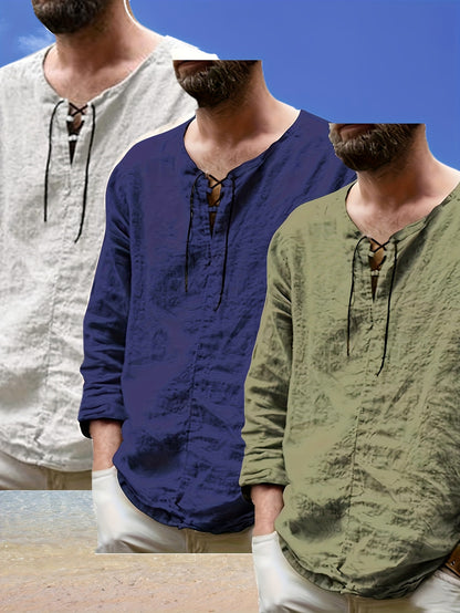 Collection of 3 Lightweight Summer Shirts for Men Featuring a Trendy Retro Design, Perfect for Casual Everyday Wear with Long Sleeves And a V-Neck Lace-Up Style