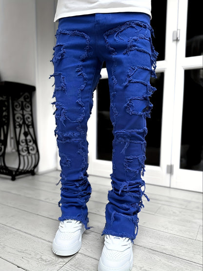 Men's Creative Tassel Decor Straight Fit Jeans, Men's Casual Mid-Rise Elastic Street Style Hip-Hop Skate Rap Jeans for All Seasons