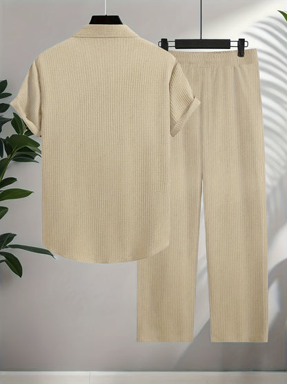 Men's Shirt Trousers Suit, Fashionable Bubble Plaid Simple Casual Lapel Short-sleeved Shirt And Solid Color Trousers Suit