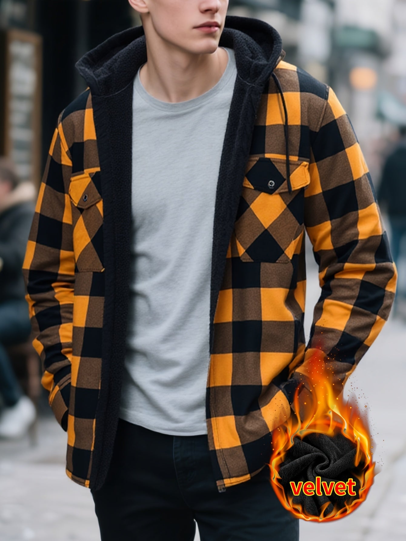 2025 New Men'S Checked Hooded Coat - Comfortable Fleece-Lined, Thick Casual Long Sleeve Top with Pockets, Black And Green Check Design, Ideal for Autumn/Winter, Suitable for Casual Or Professional Attire