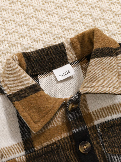 2pcs for Baby Girls Clothes And Toddlers In Autumn And Winter, Including A Green Two-tone Plaid Long-sleeve Coat And A Black Camisole Jumpsuit, Perfect for Outdoor