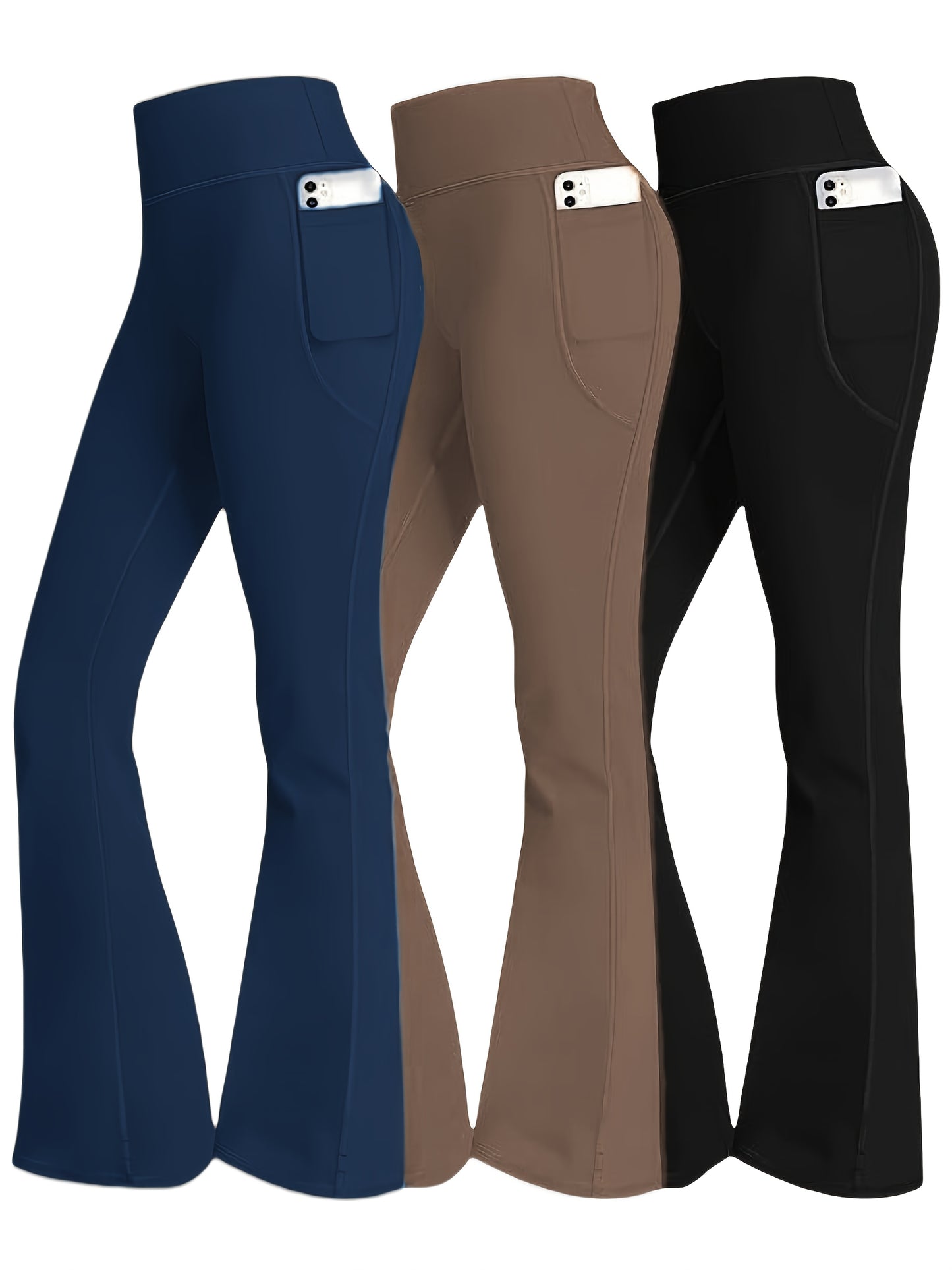 3pcs Fashionable Workwear Style Bell Bottoms, Women Casual Bell Bottoms, High Waist Pocket, Work Style Pants, Quick-Drying Tummy Control Butt Lifting Trousers Flare Leggings