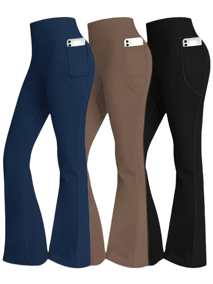 3pcs Fashionable Workwear Style Bell Bottoms, Women Casual Bell Bottoms, High Waist Pocket, Work Style Pants, Quick-Drying Tummy Control Butt Lifting Trousers Flare Leggings