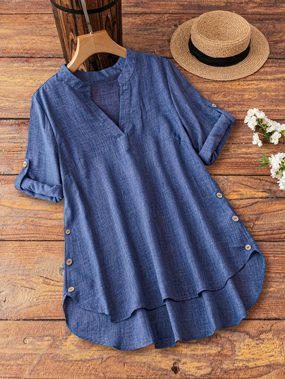 Plus Size - Plus Size - Plus Size Women'S Spring And Summer Casual V-Neck Button Tops - Flat Collar Rolled Sleeve Decorative Button Vacation Style Blouses, Perfect for Relaxed Or Elegant Looks