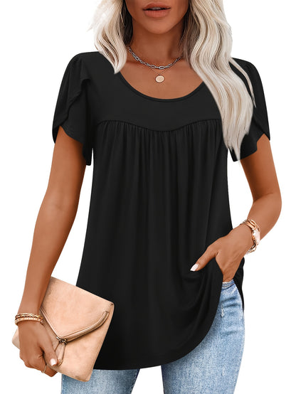 Three-piece Women's Spring And Summer Fashion And Breathable Top, Casual And Elegant, Loose Petal-sleeved Shirt, Round-neck Pleated Short-sleeved T-shirt