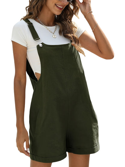 Womens Linen Short Overalls Casual Summer Bib Shortalls Rompers with Pockets
