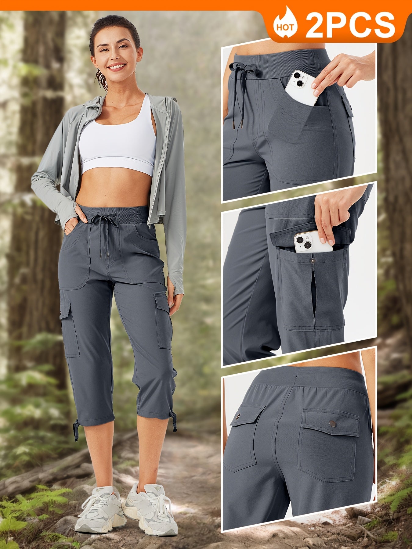 2pcs Women'S Cargo Capris Hiking Pants 50+ Quick Dry Outdoor Athletic Travel Lightweight Casual Loose Comfy Cute Pockets