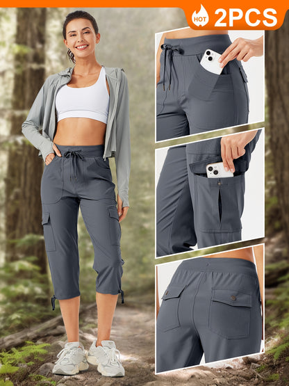 2pcs Women'S Cargo Capris Hiking Pants 50+ Quick Dry Outdoor Athletic Travel Lightweight Casual Loose Comfy Cute Pockets