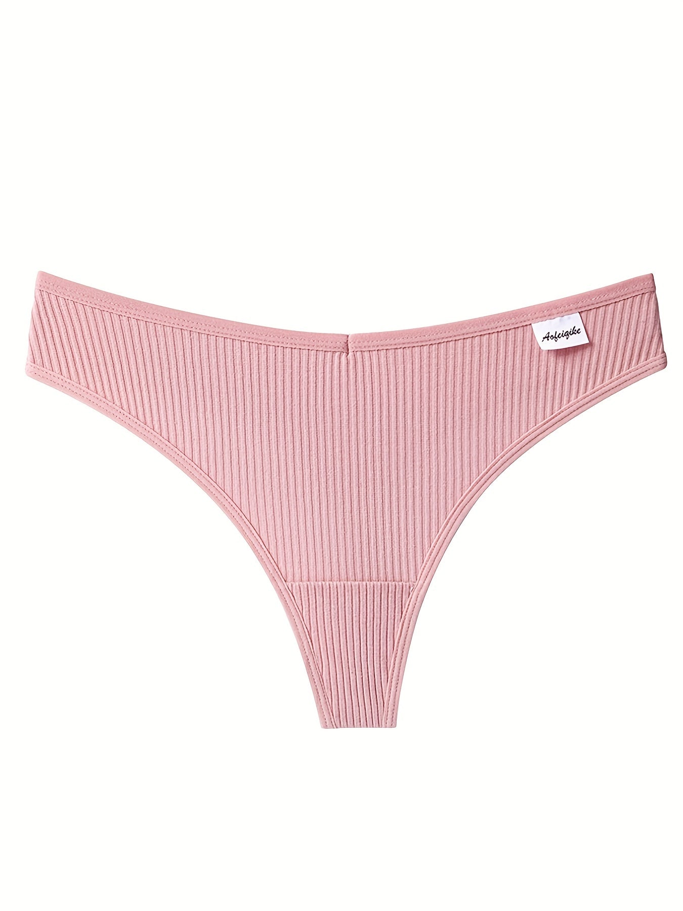 8pcs Solid Ribbed Label Patched Thongs, Sexy Comfy Breathable Stretchy Intimates Panties, Women'S Lingerie & Underwear