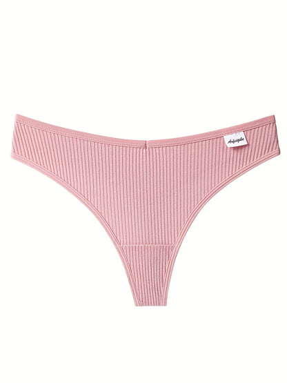 8pcs Solid Ribbed Label Patched Thongs, Sexy Comfy Breathable Stretchy Intimates Panties, Women'S Lingerie & Underwear