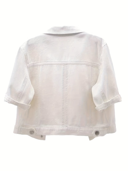 Ladies' Short Denim Jacket with a Slim Fit, Featuring 3/4 Sleeves And a Distressed Look