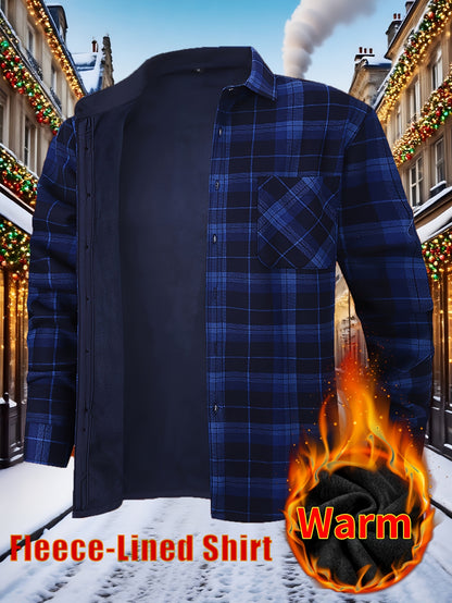 Men's Winter Flannel Plaid Shirt - Thick Warm Fleece-Lined Long Sleeve with Dual Chest Pockets, Casual Button-Up Collar for Cold Weather, Wrinkle-Resistant Soft Plaid Pattern in Navy/Red, Winter Clothes for Men, Mens Winter Clothes