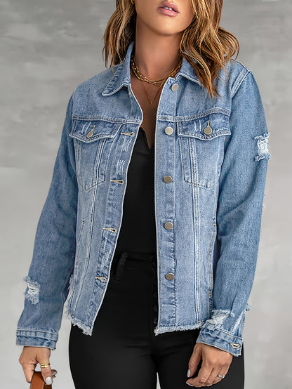 Washed Out Women's Denim Jacket with Pockets; Boyfriend Style; Distressed Look.