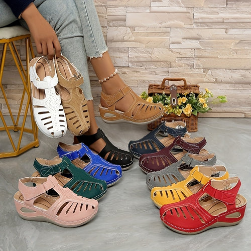 Ladies Leisure Wedge Sandals | White Synthetic Cover | Middle Heel With Round Head Hollowed Out Design | Breathable And Comfortable | Wear All Season | Easy To Buckle And Close | Durable PU Sole | Fashion Versatile Shoes And Lace-up Sandals.