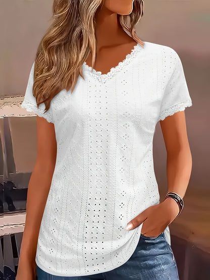 Casual Wear] Women'S Elegant Eyelet Lace V-Neck Blouse - Casual Boho Chic Short Sleeve, Breathable - Blend, Solid Color With Delicate Lace Trim, Perfect For Spring/Summer
