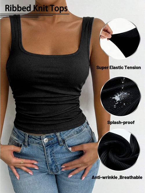4pcs Beautiful Back Threaded Vest | Women'S Fitted Solid Color Crew Neck Sleeveless Pullover Bottoming Shirt for Spring and Autumn, High Stretch Fabric, Casual Wear