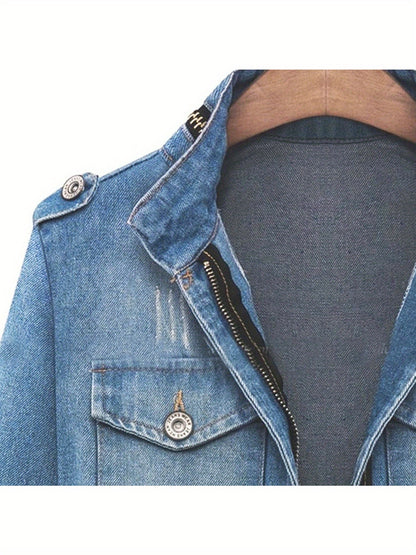 1pc Women's Short Round Neck Three - Quarter Sleeve Light Blue Denim Jacket | Casual Stylish for Daily Outfits, Shopping & Spring - Autumn Wear | Size S - XXL